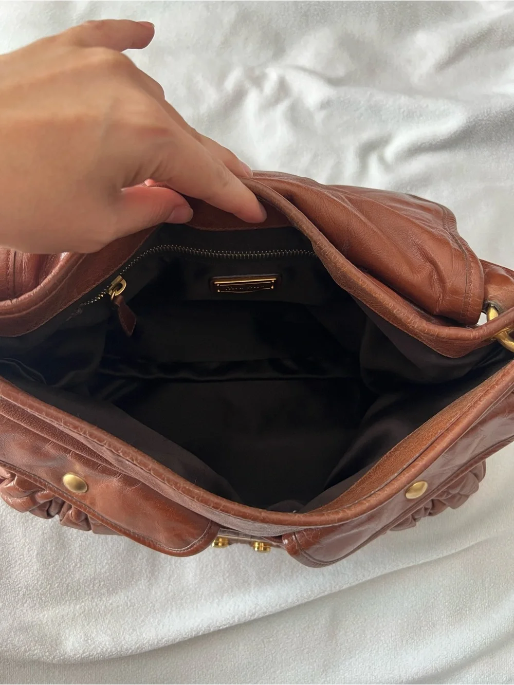 Miu Miu Cognac Braided-Handle Hobo with Gold Hardware